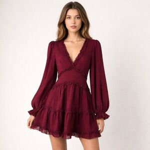 Altar'd State Karny Mini Dress Mulberry Ruffle Tiered Open Back M Festival Boho